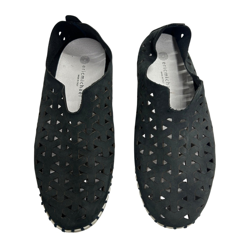 Eric Michael Leather Slip On Comfort Shoes EU 38 7.5 Black Laser Cut Made Italy‎